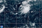 This NOAA satellite image taken at 11:21 a.m. EST on Wednesday, Aug. 12, 2026, shows Tropical Storm Cristobal in the Atlantic Ocean.