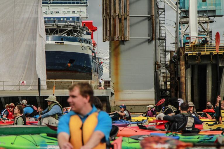 Kayaktivists from environmental groups across the northwest paddled out on the Willamette River to protest against Arctic oil drilling. One of Shell's icebreaker ships, the Fennica, was in Portland undergoing repairs.