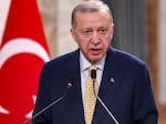 Turkish President Recep Tayyip Erdogan is shown speaking during a joint statement to the media in Baghdad, on April 22, 2024.