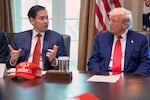 Secretary of State Marco Rubio speaks during a cabinet meeting at the White House, Wednesday, April 30, 2025, in Washington, as President Donald Trump look on. A cable signed by Secretary of State Marco Rubio and obtained by The Associated Press says the State Department plans to issue guidance on expanded social media vetting of international students. (AP Photo/Evan Vucci)