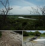 Border Patrol agents inspect the Rio Grande on an airboat. Footprints are seen by the river on Luis Valderrama's property.
