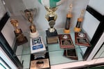 Trophies and plaques fill a display case in the new athletic facility at Washington School for the Deaf in Vancouver on Nov. 13, 2024.