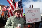 Rancher Monte Siegner, from Riverside, Oregon, takes part in a protest in Burns, Oregon.
