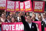 Andy Burnham, Britain's Labour candidate for Makerfield, gestures in front of supporters during the by-election in Makerfield, England, Thursday, June 18, 2026 where voters are choosing a new lawmaker with Andy Burnham of the Labour Party as the leading contender.