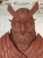 The face of the benevolent owl is ready to be covered with molding materials. Liquid bronze is then poured into the mold to form the final sculpture.