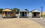 Three tiny homes at Joy Community in Medford, Ore., on June 5, 2025.