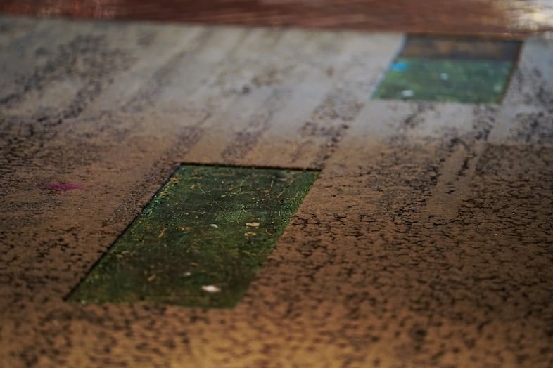 The carpet is damaged from tires where former food and beverage employee Bruce Valentine Whitman crashed a rental car carrying several pipe bombs into the Multnomah Athletic Club.