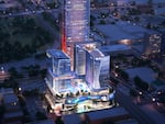 The towers in the Boardwalk at Bricktown development in Oklahoma City would soar above an entertainment space.