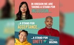 An advertisement from the Oregon's Department of Justice aims to spread awareness of the state's nonemergency hotline for reporting bias and hate crimes to support minority communities.