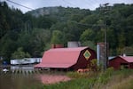 A barn and Christmas trees are seen with high water in Ashe County near West Jefferson, N.C., on Friday.