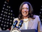 U.S. Vice President and Democratic presidential candidate Kamala Harris speaks during a campaign fundraising event at the Colonial Theater in Pittsfield, Massachusetts, on Saturday.