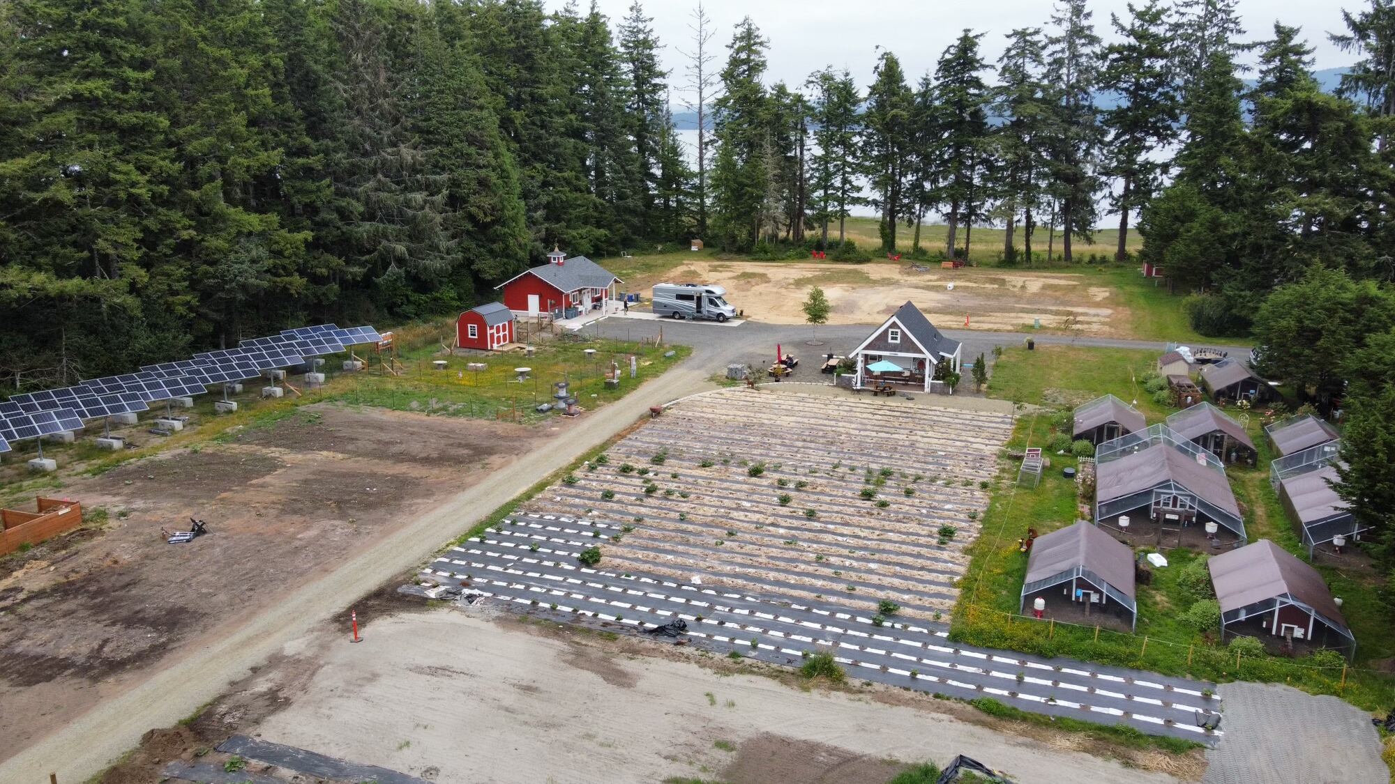 An aerial photo of Willapa Bay Heritage Farm in Long Beach, Wash. Deb Howard, who owns the 9-acre farm, grows organic produce and raises chickens and some goats.