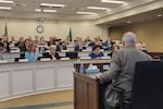 Rep. Jim Walsh (R-Aberdeen) offered testimony at a joint committee hearing on I-2111, a measure to prohibit any new income taxes in Washington, Tuesday, Feb. 27, 2024. Walsh is the chair of the Washington State Republican Party, as well as the official sponsor of the initiatives being heard in the Legislature this week. 