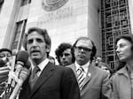 In this Jan. 17 1973 file picture, Daniel Ellsberg speaks to reporters outside the Federal Building in Los Angeles.