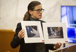 Portland police detective Michele Michaels displays evidential photos to the jury during day seven, February 5, 2020, of testimony in the trial of Jeremy Christian for the  stabbing of three people on a MAX train in May 2017.