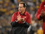 Alabama head coach Nick Saban reacts after a second-half touchdown during the Rose Bowl CFP NCAA semifinal college football game against eventual national champion Michigan on Monday, Jan. 1, 2024, in Pasadena, Calif.