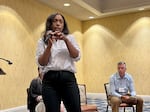 Oregon Housing and Community Services executive director Andrea Bell speaks at a community meeting in Medford, Ore., Aug. 30, 2023.