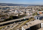 Interstate 5, seen from the south, with the Fremont bridge in the distance.