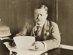 In this black-and-white photo from circa 1906, President Theodore Roosevelt sits at his desk, reading some papers.