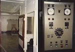 Left: The electric chair in the death chamber at Virginia State Penitentiary in 1991. Right: The computer that controlled the electric chair. The prison was closed and demolished in the early '90s.