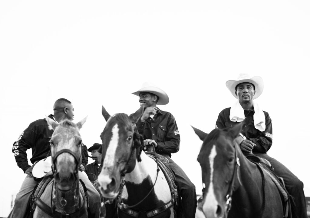 A pony express team gets ready for competition in Okmulgee, Oklahoma.