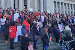 Supporters of rent stabilization legislation in Olympia rallied on the capitol steps Jan. 30, 2024, to pressure Washington lawmakers to keep moving forward with proposals that would cap annual rent increases by landlords.