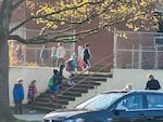 Students file into Sabin Elementary School in Portland for in-person instruction on April 5, 2021.