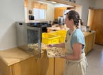Buckenmeyer puts trays of sliced apples in a food dehydrator during the workshop.