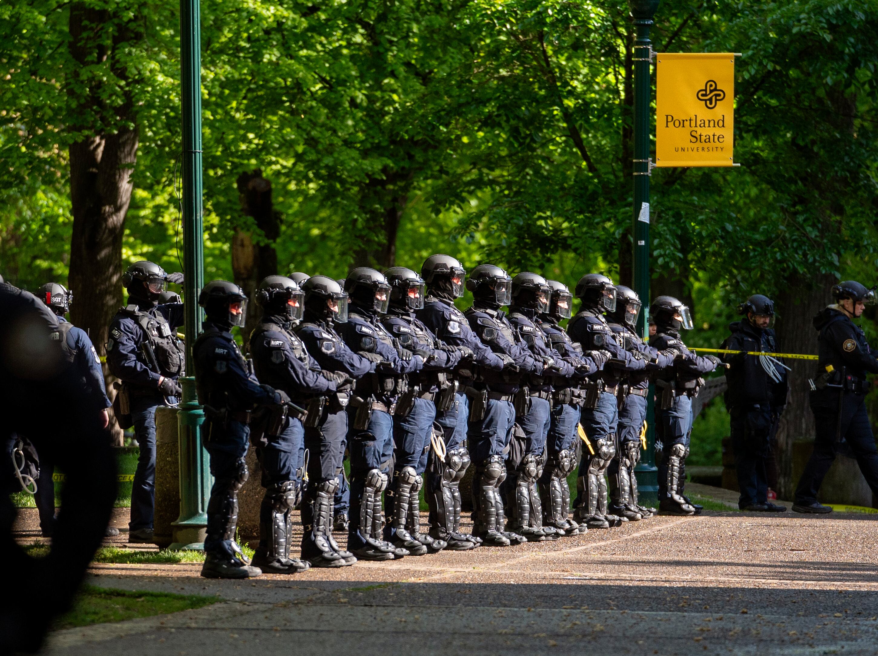 Law enforcement teams clear protesters from Portland State University’s Branford Price Millar Library, May 2, 2024. People protesting Israel's role in the war in Gaza had occupied the library since Monday evening.