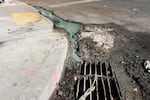 Green water from cleanup runs down a storm drain near Lownsdale Park across from the Mark O. Hatfield federal courthouse in Portland, Ore., July 30, 2020, the morning after law enforcement deployed tear gas to disperse protesters. Environmental specialists know little about the long-term effects of tear gas on plants, water and wildlife.