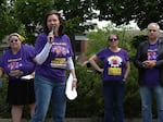 FILE - UO classified union president Jennifer Smith speaks at a rally at the Erb Memorial Union in Eugene, Ore., on May 15, 2026.