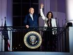 President Joe Biden and Vice President Kamala Harris on the Truman Balcony of the White House on Thursday, July 4, 2024.