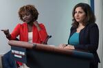 White House press secretary Karine Jean-Pierre, left, and Domestic Policy Advisor Neera Tanden, right, answer questions during a daily press briefing at the White House in August. Tanden is accused of violating the Hatch Act, in a complaint by the U.S. Office of Special Counsel.