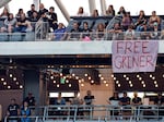 A sign calls for Britney Griner's release at a game between Portland Thorns FC and Angel City FC in Los Angeles earlier this month.