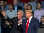 Rep. Kevin McCarthy, who is now House speaker, then President Trump attend a rally in Bakersfield, Calif., on Feb. 19, 2020. McCarthy said House investigators would play a key role in scrutinizing the investigations into the former president.
