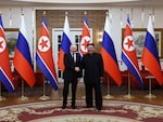 In this pool photograph distributed by the Russian state agency Sputnik, Russia's President Vladimir Putin shakes hands with North Korea's leader Kim Jong Un during a meeting in Pyongyang on June 19