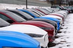 This photo shows blue, red, black and white Mustang Mach-E electric vehicles parked in a long row at a dealership on January 21, 2024.