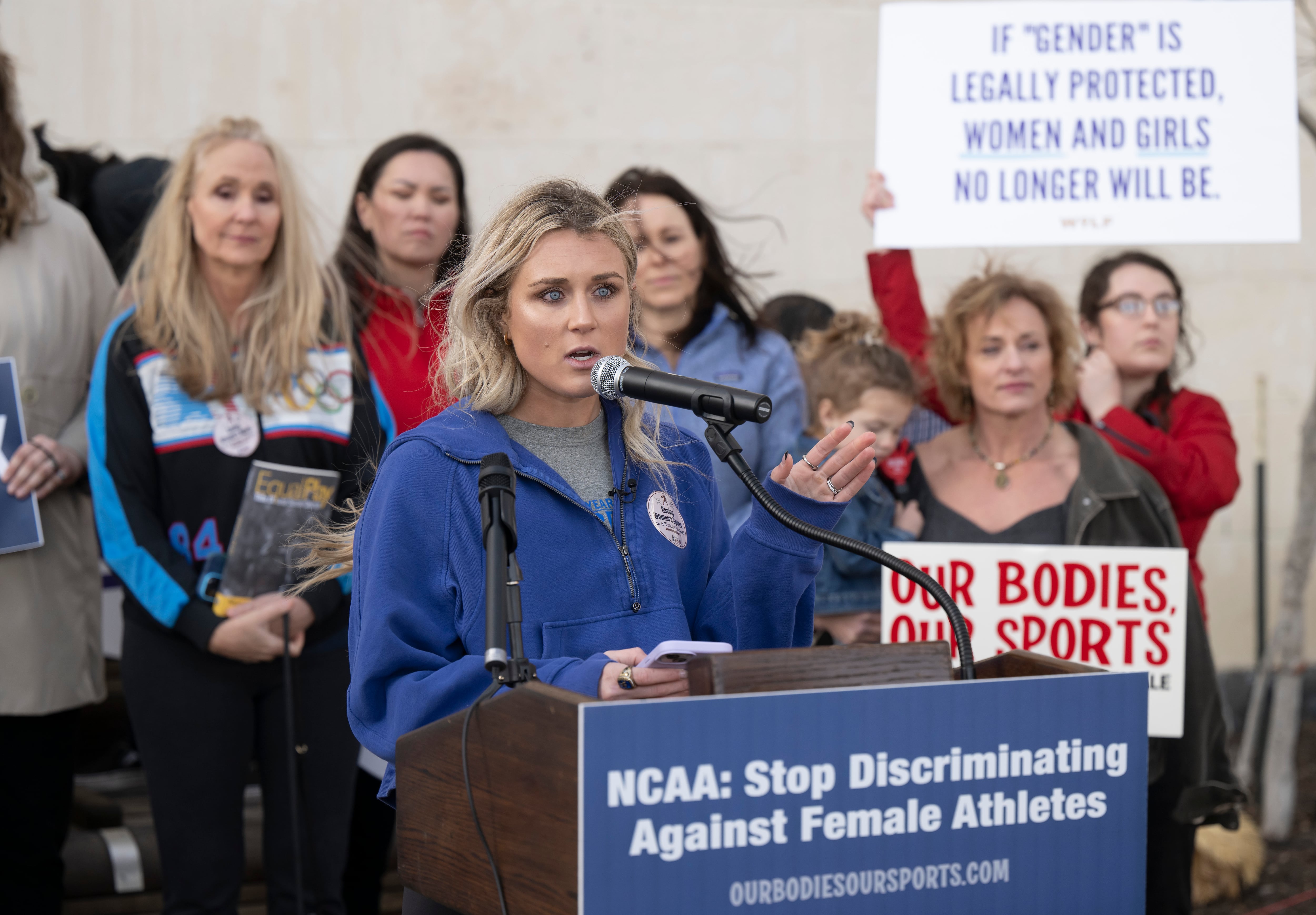 Former NCAA athlete Riley Gaines, pictured here at a rally in San Antonio on Jan. 12, 2023, will be in Portland Monday, May 5.