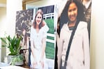Images of three former Catlin Gabel students are displayed at a press conference in Portland, Ore., Tuesday, Feb. 4, 2020. The students added to the mounting allegations against current and former school officials.