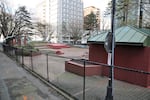 In this file photo from April 12, 2023, a metal fence wraps around Darcelle XV Plaza, formerly known as O'Bryant Square. A new park could be open as early as fall 2024.