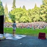 Portland comic Armaan Singh performing in Laurelhurst Park on Friday, August 4, 2023.