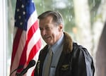 Oregon Republican gubernatorial candidate Greg Wooldridge speaks at the 2018 Dorchester Conference in Salem, Oregon. Wooldridge, a retired U.S. Navy pilot, beat Rep. Knute Buehler with 40 percent of the vote in a straw poll of support among the conference's attendees.  