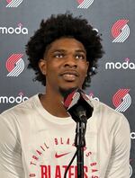 Portland Trail Blazers guard Scoot Henderson answers questions at the team's media day Sept. 30, 2024. The second-year player hopes to improve from his rookie season.