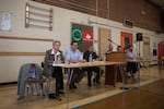 Former PPS Superintendent Carole Smith, left, with COO Tony Magliano, third from left, at Rose City Park in June. The district's lead crisis led to a rush to fill vacancies in the administration.