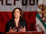 Then-California Attorney General Kamala Harris gives a press conference in Los Angeles on November 30, 2010.