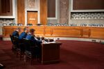 From l-r., Chairman of the Joint Chiefs of Staff Air Force Gen. Danial Caine, Secretary of Defense Pete Hegseth, and acting undersecretary of defense during the Senate Armed Services Committee hearing on the Department of Defense budget, on Capitol Hill, in Washington, Thursday, April 30, 2026.