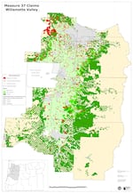 This Oregon Department of Agriculture map from 2007 shows Measure 37 claims in the Willamette Valley. Maps showing the widespread development claims following passage of the 2004 property rights initiative helped build voter support for rolling back the initiative. 