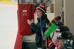 Jess Duggan, president of the Portland United Hockey League, coaches the Honkers during a recreational game. Duggan lobbied to get time for the league at the busy rink, where time on the ice is hard to come by.