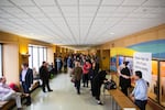 People gather outside a hearing room for an opportunity to testify to the Joint Committee on Student Success at the Capitol in Salem, Ore., on Thursday, April 11 2019.  