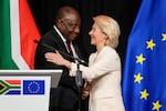 South African President Cyril Ramaphosa, left, and European Commission President Ursula von der Leyen at the end of their media conference in Johannesburg, South Africa, Thursday, Nov. 20, 2025.